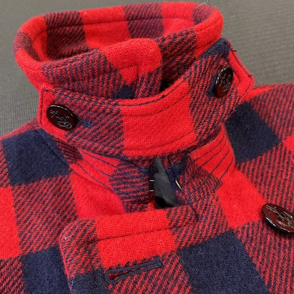 J. Crew 100% Wool Red & Navy Buffalo Check Plaid Pea Coat  Double Buttons Size 2 - Picture 14 of 14